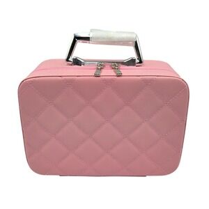 Pink Quilted Faux Leather Makeup Vanity Case Travel Cosmetic Organizer Mirror